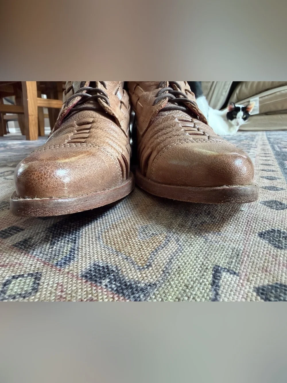 Bed Stu Loretta Boots Women's 7 Tan Brown leather Woven Cap Toe Lace Up Booties
